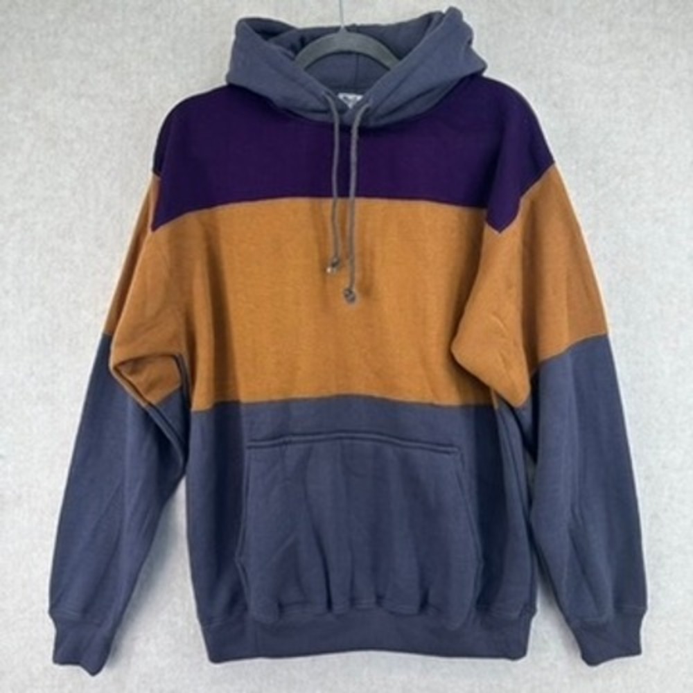 Vtg 90s MacGregor Color Block Hoodie Sweatshirt Mens Medium Purple Tan Blue